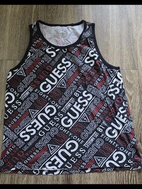 GUESS Men’s Black & Red Logo Print Swim Tank Size L